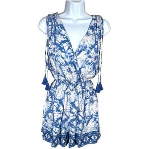 Bebop Romper Sleeveless Tassel Tie Detail Surplice Blue White Print NEW Womens M